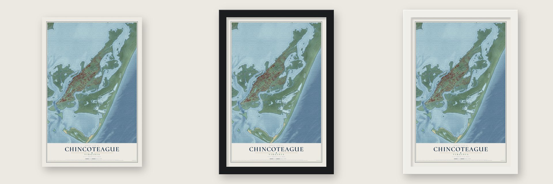 Chincoteague, Virginia map unframed, in a black wood frame and in a white wood frame