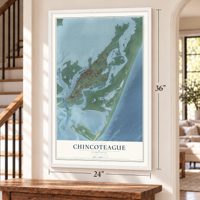 Chincoteague, Virginia map, 24 x 36 inch print in a white frame by a staircase