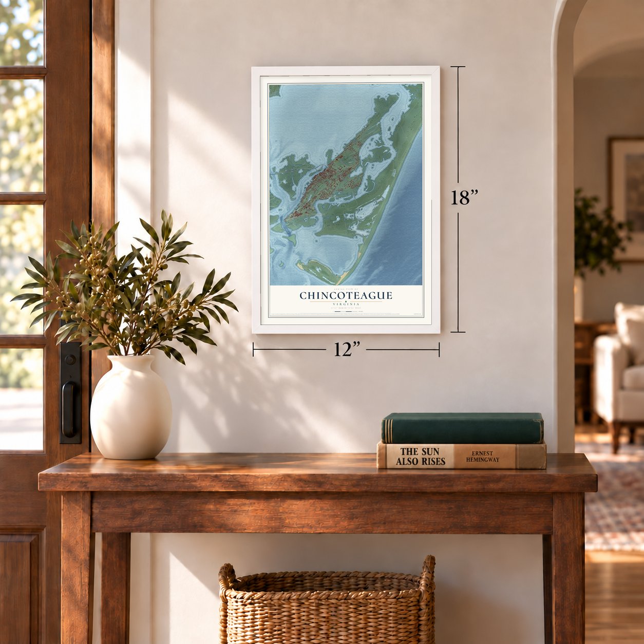 Chincoteague, Virginia map, 12 x 18 inch print in a white frame in an entryway