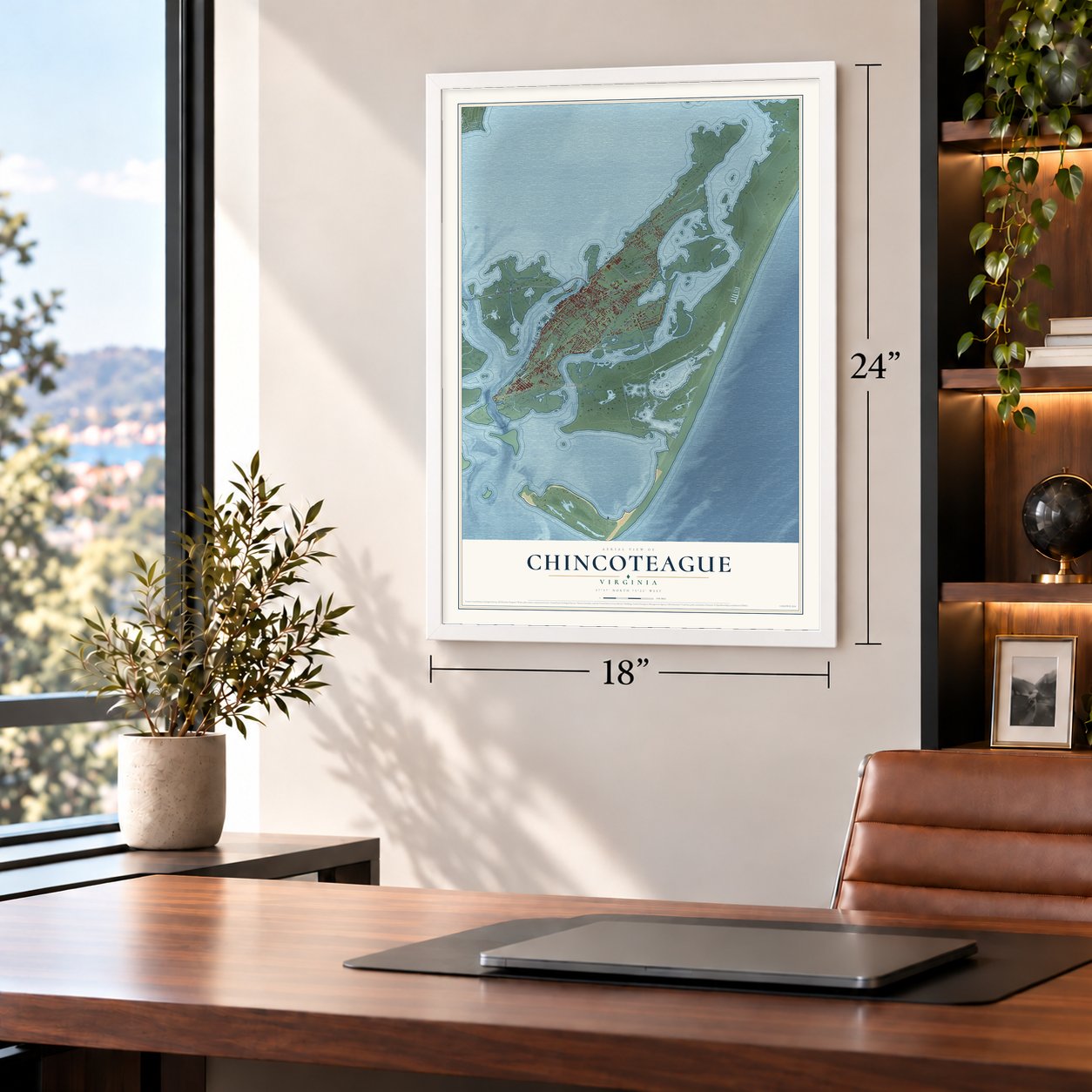 Chincoteague, Virginia map, 18 x 24 inch print in a white frame in a home office