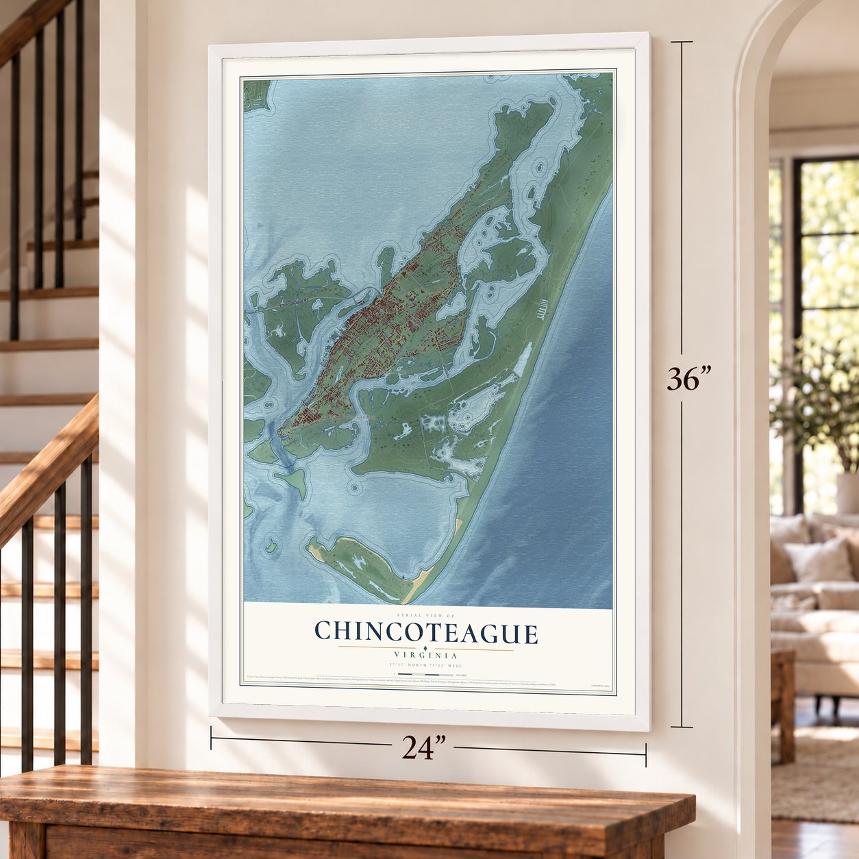 Chincoteague, Virginia map, 24 x 36 inch print in a white frame by a staircase