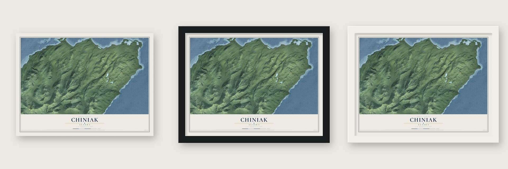 Chiniak, Alaska map unframed, in a black wood frame and in a white wood frame