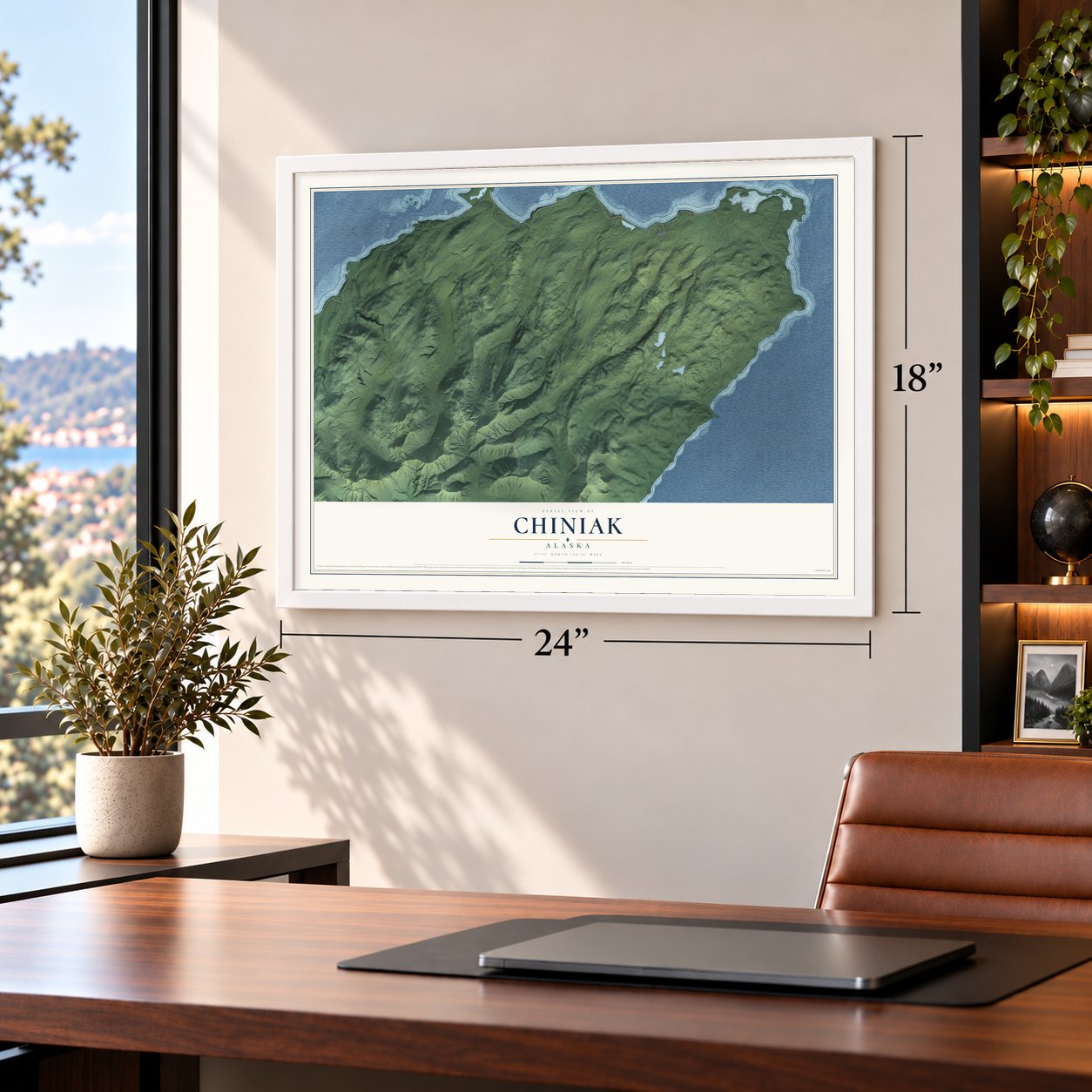 Chiniak, Alaska map, 18 x 24 inch print in a white frame in a home office