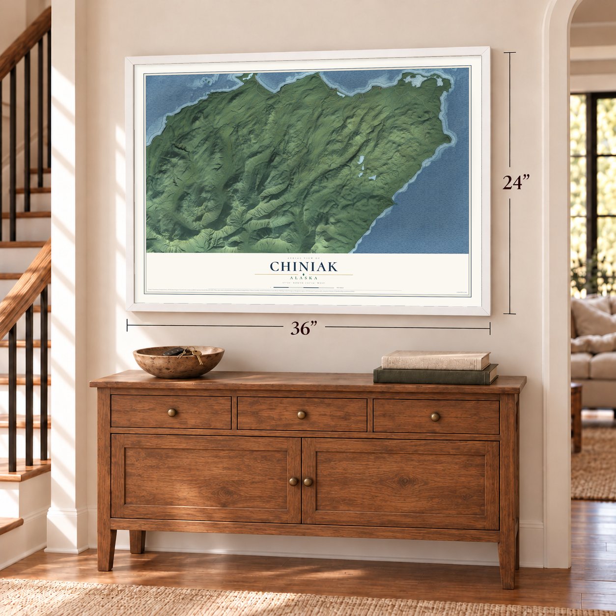 Chiniak, Alaska map, 24 x 36 inch print in a white frame above a dresser by a staircase