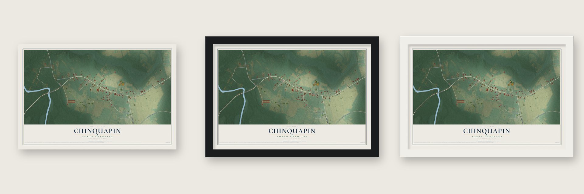 Chinquapin, North Carolina map unframed, in a black wood frame and in a white wood frame