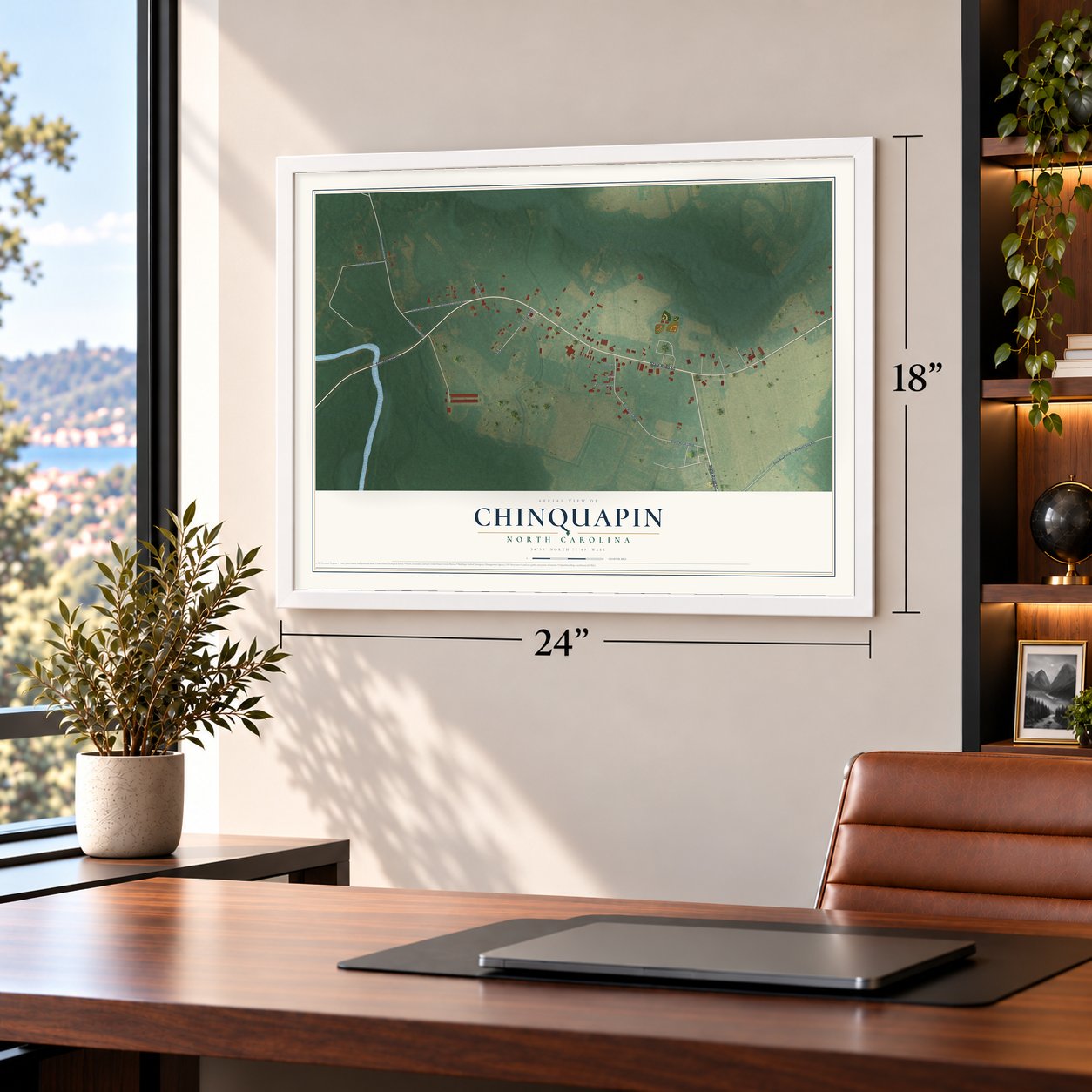 Chinquapin, North Carolina map, 18 x 24 inch print in a white frame in a home office