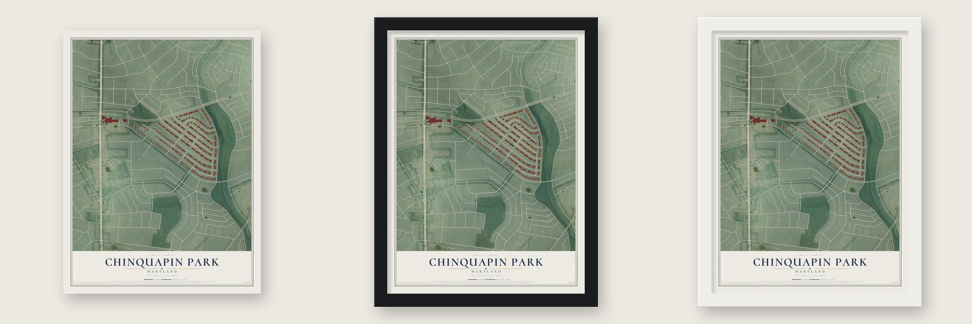 Chinquapin Park, Maryland map unframed, in a black wood frame and in a white wood frame
