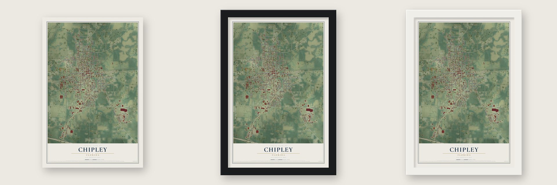 Chipley, Florida map unframed, in a black wood frame and in a white wood frame