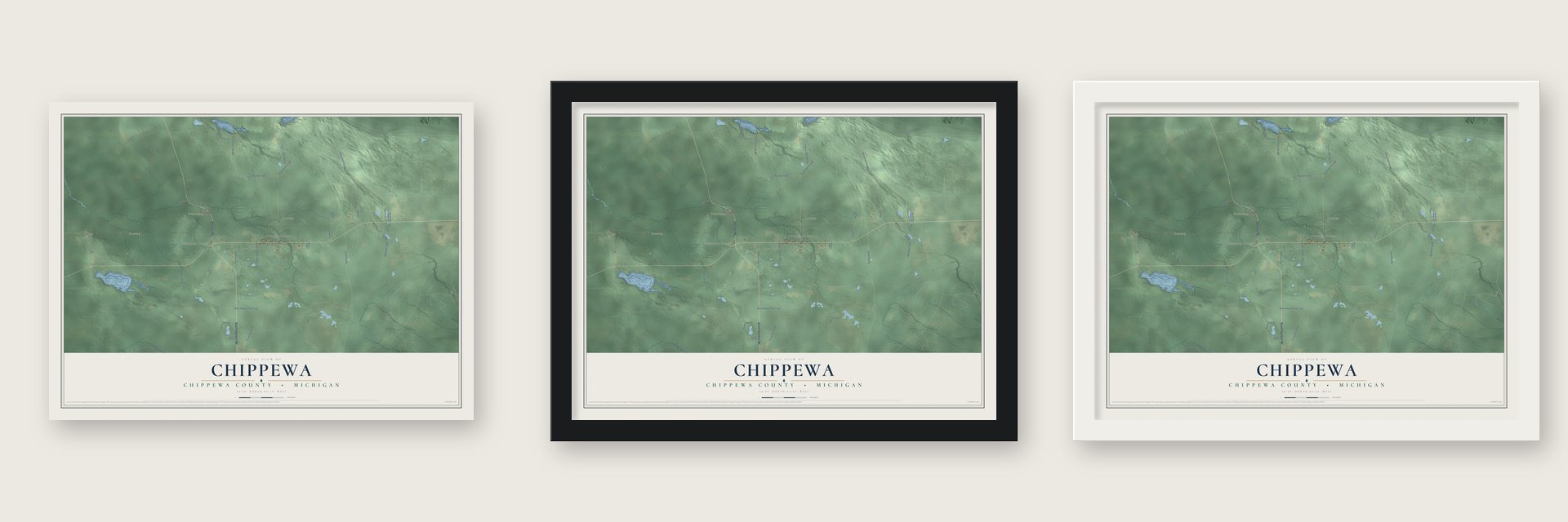 Chippewa, Chippewa County, Michigan map unframed, in a black wood frame and in a white wood frame