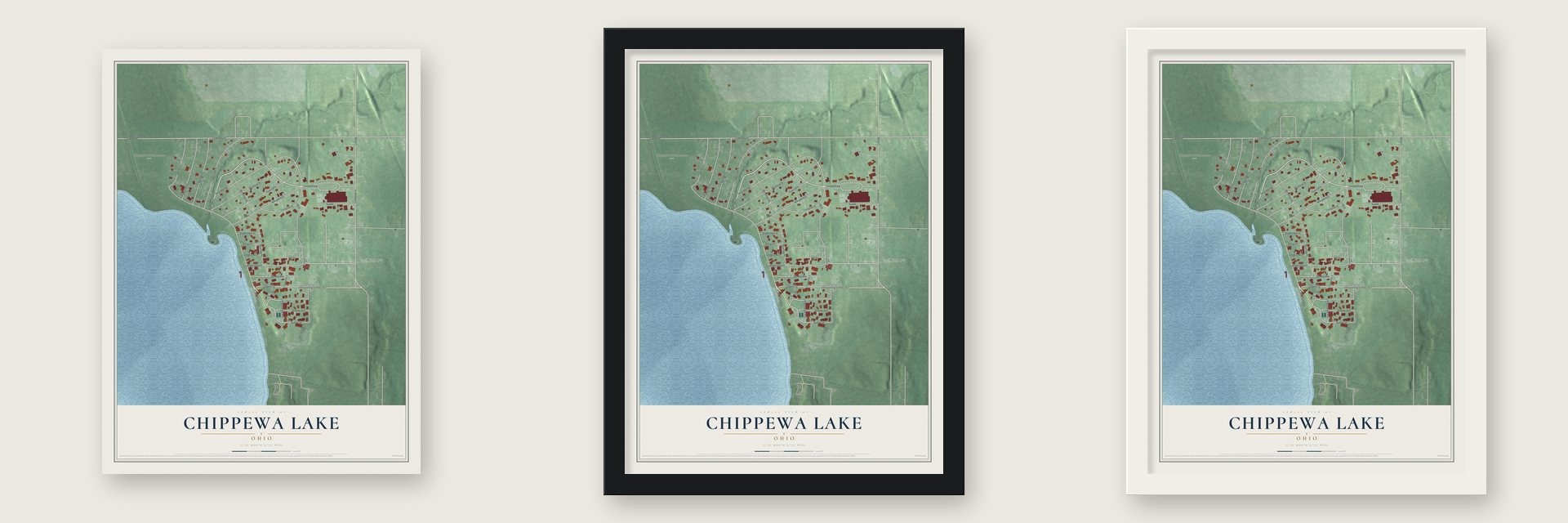 Chippewa Lake, Ohio map unframed, in a black wood frame and in a white wood frame