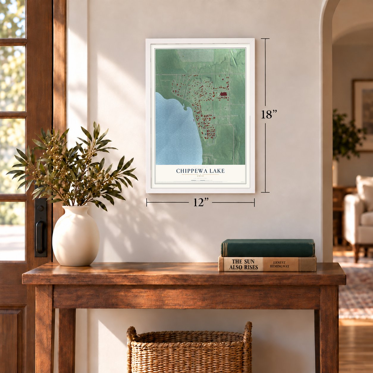 Chippewa Lake, Ohio map, 12 x 18 inch print in a white frame in an entryway