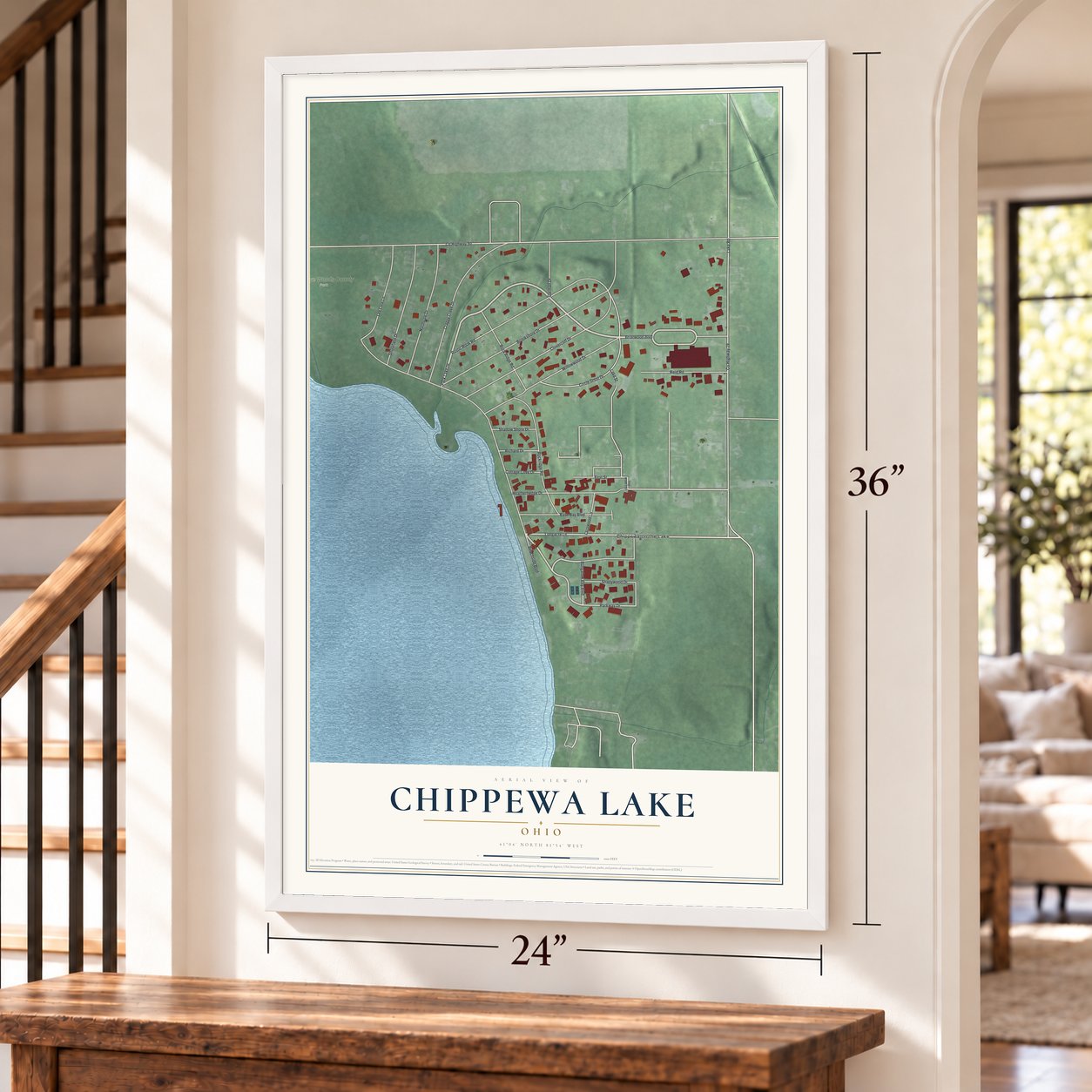 Chippewa Lake, Ohio map, 24 x 36 inch print in a white frame by a staircase