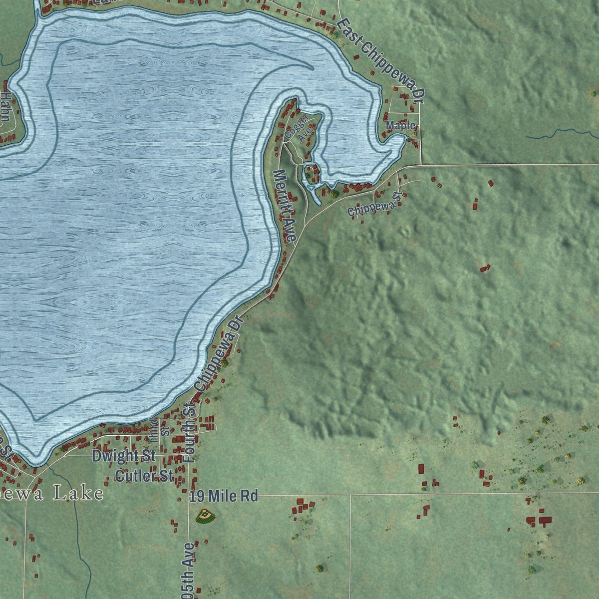 Second close-up of the map of Chippewa, Mecosta County, Michigan print showing more streets and buildings