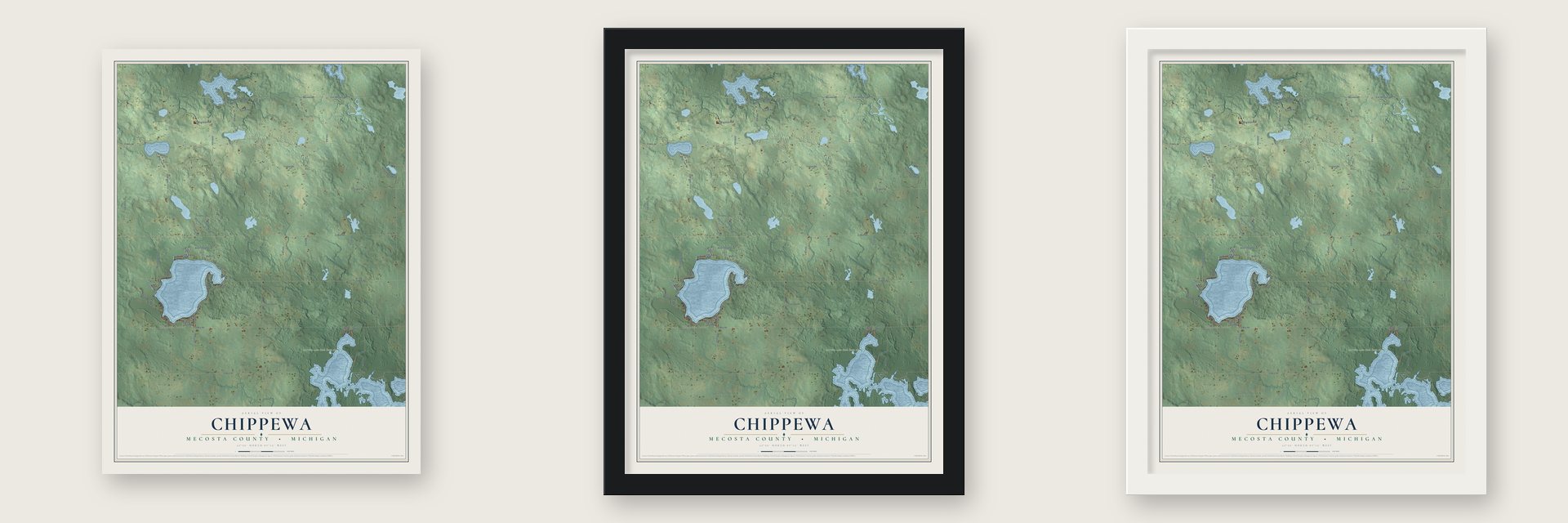 Chippewa, Mecosta County, Michigan map unframed, in a black wood frame and in a white wood frame