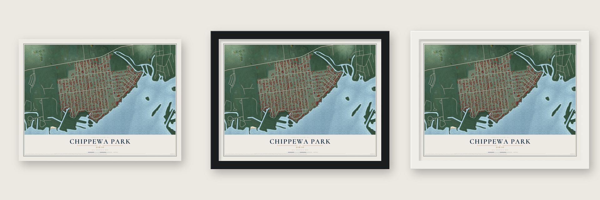 Chippewa Park, Ohio map unframed, in a black wood frame and in a white wood frame
