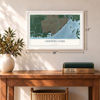 Chippewa Park, Ohio map, 12 x 18 inch print in a white frame in an entryway