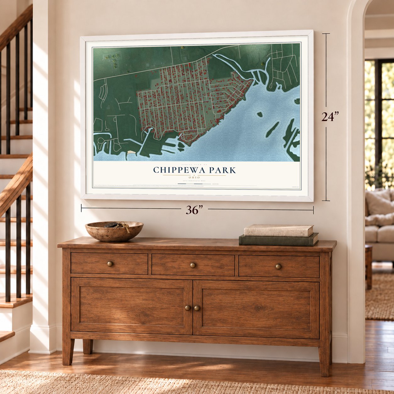 Chippewa Park, Ohio map, 24 x 36 inch print in a white frame above a dresser by a staircase