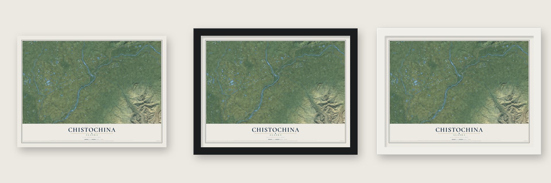 Chistochina, Alaska map unframed, in a black wood frame and in a white wood frame