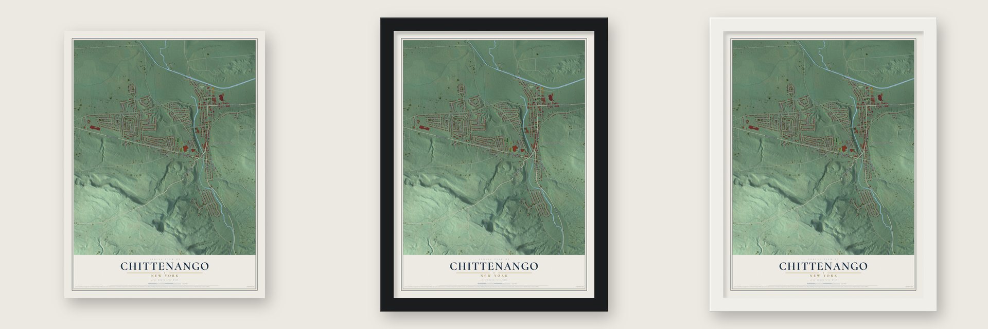 Chittenango, New York map unframed, in a black wood frame and in a white wood frame