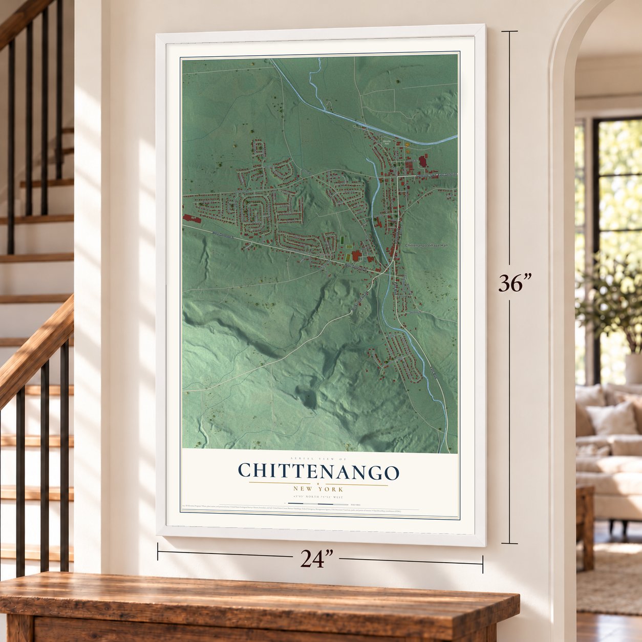 Chittenango, New York map, 24 x 36 inch print in a white frame by a staircase