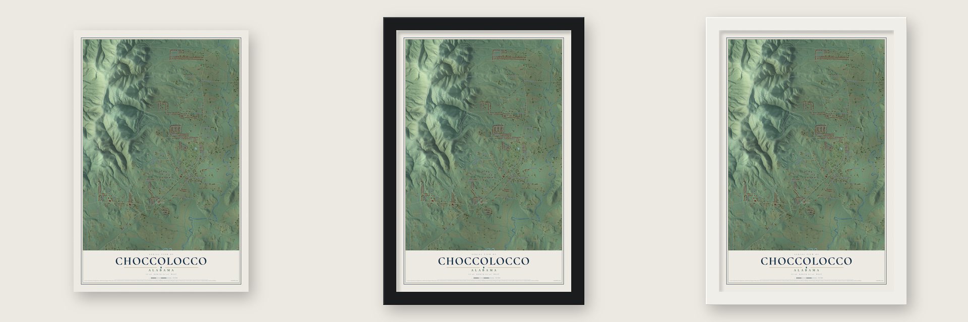 Choccolocco, Alabama map unframed, in a black wood frame and in a white wood frame