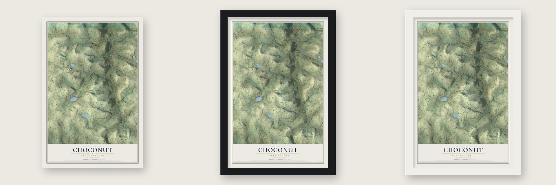 Choconut, Pennsylvania map unframed, in a black wood frame and in a white wood frame