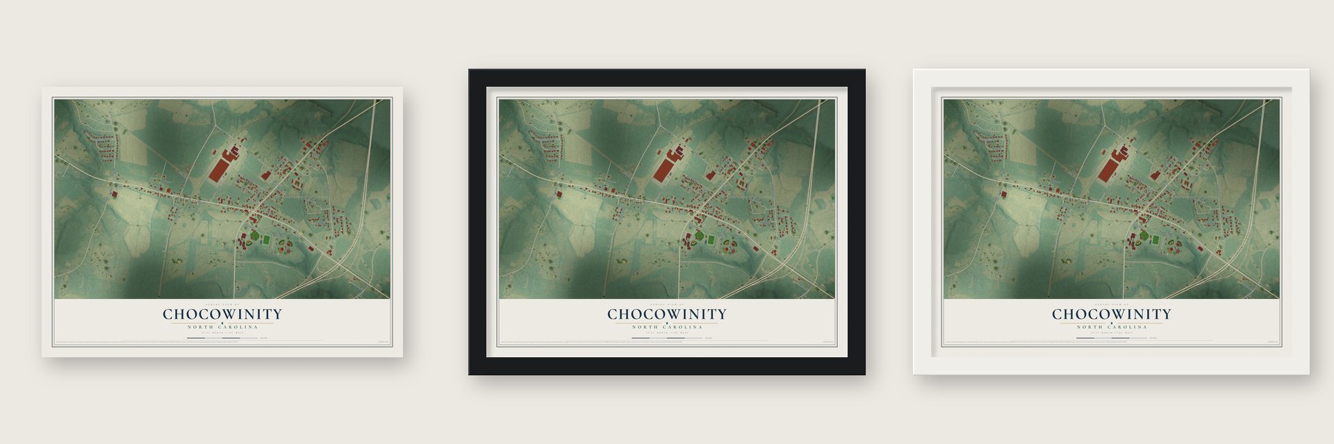 Chocowinity, North Carolina map unframed, in a black wood frame and in a white wood frame