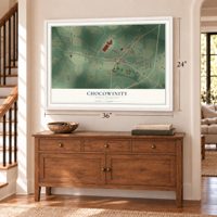 Chocowinity, North Carolina map, 24 x 36 inch print in a white frame above a dresser by a staircase