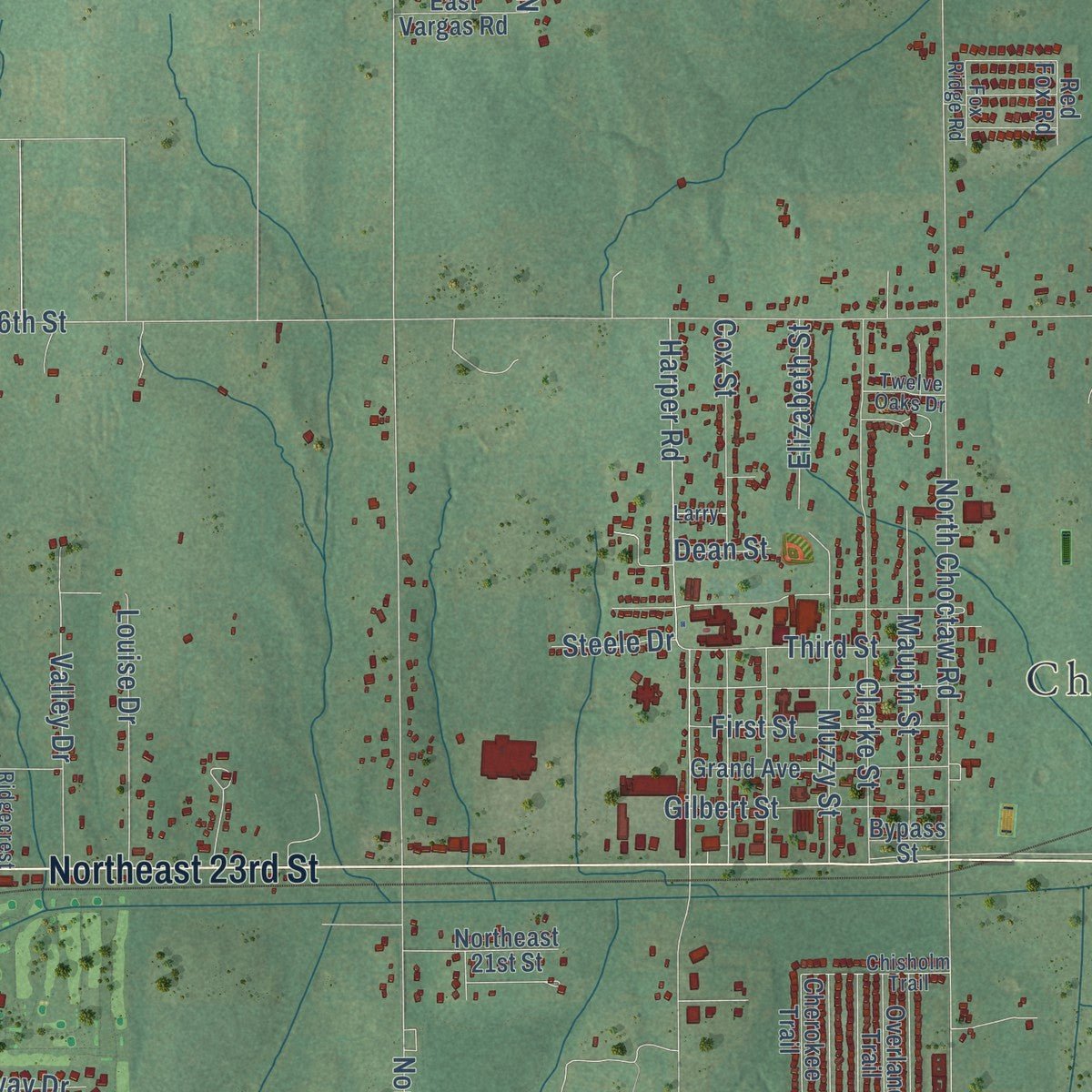 Second close-up of the map of Choctaw, Oklahoma print showing more streets and buildings