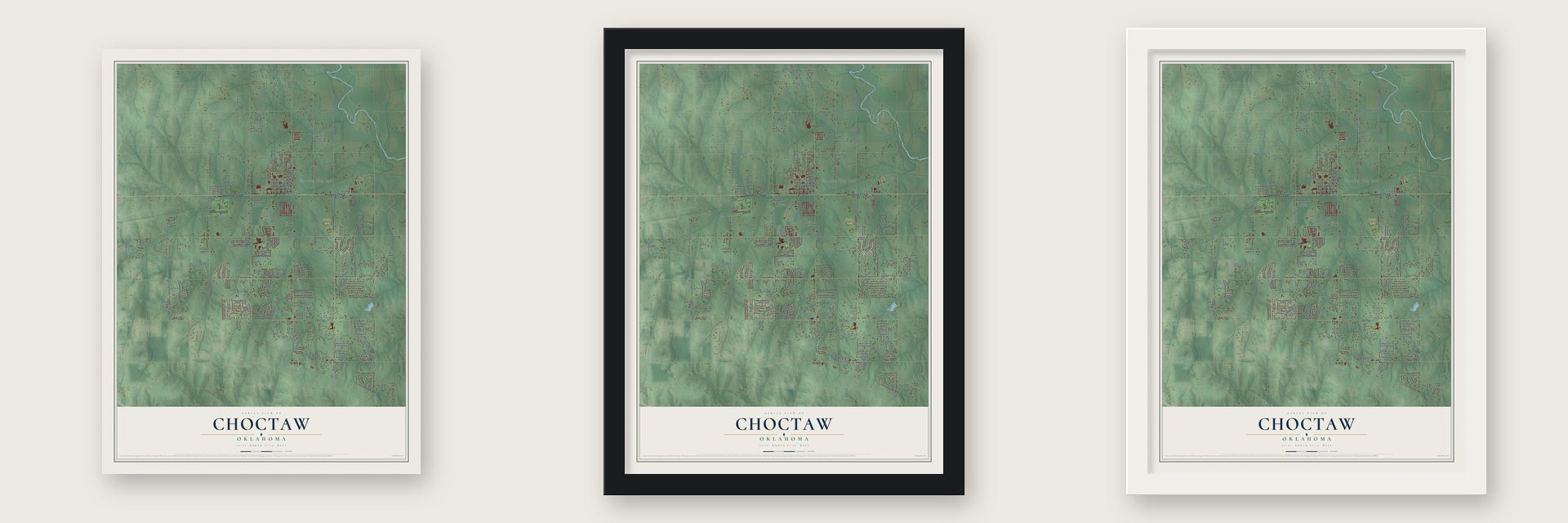 Choctaw, Oklahoma map unframed, in a black wood frame and in a white wood frame