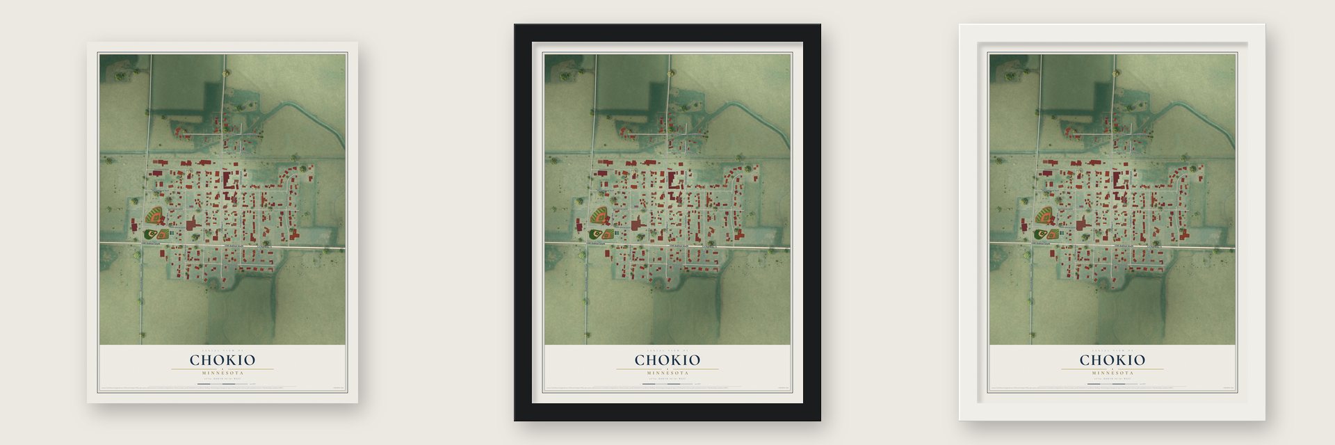 Chokio, Minnesota map unframed, in a black wood frame and in a white wood frame