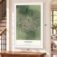 Chokio, Minnesota map, 24 x 36 inch print in a white frame by a staircase
