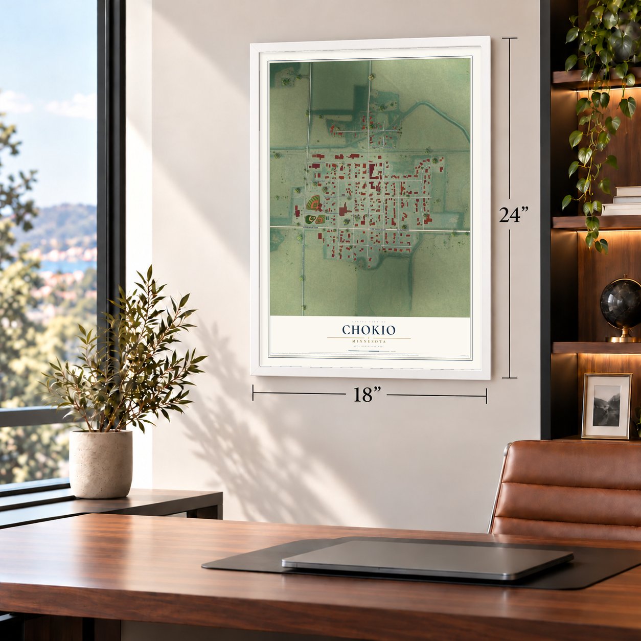 Chokio, Minnesota map, 18 x 24 inch print in a white frame in a home office