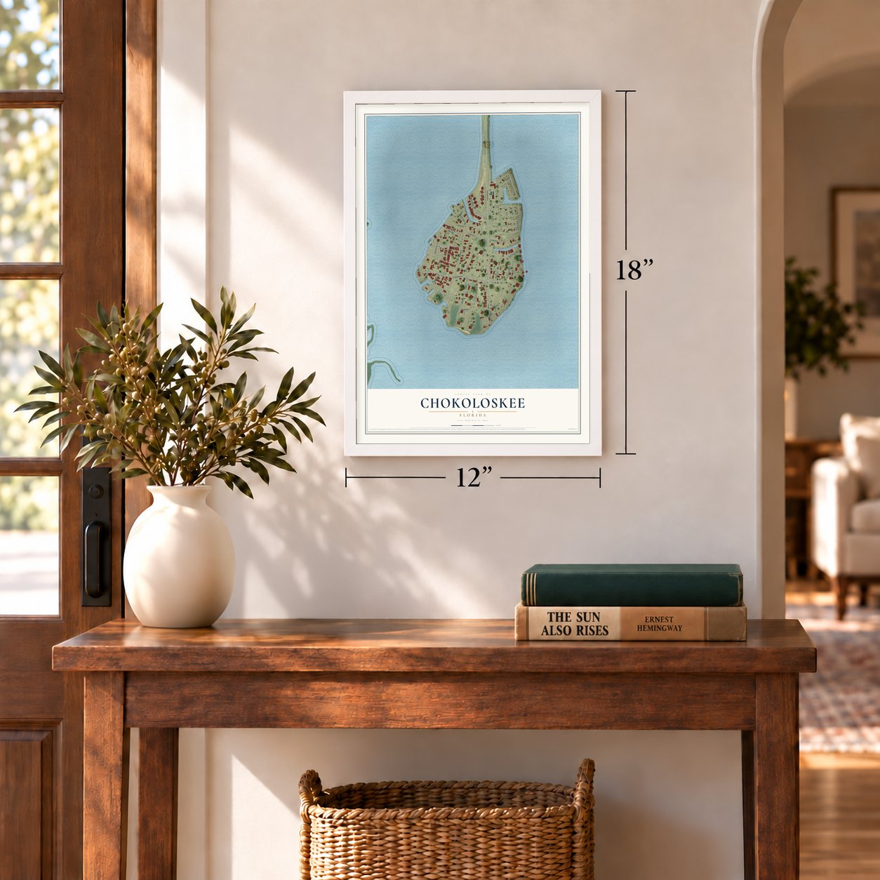 Chokoloskee, Florida map, 12 x 18 inch print in a white frame in an entryway