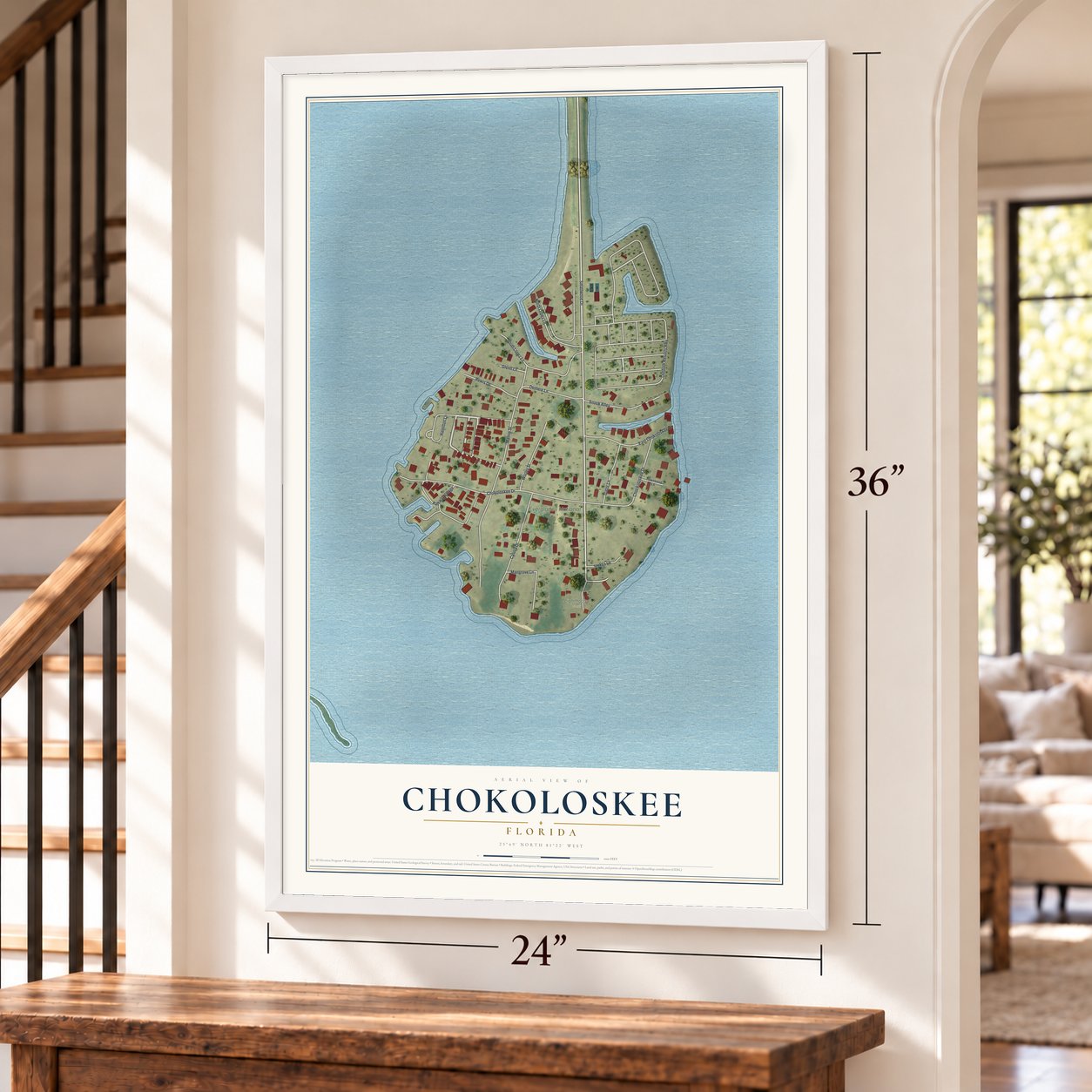 Chokoloskee, Florida map, 24 x 36 inch print in a white frame by a staircase