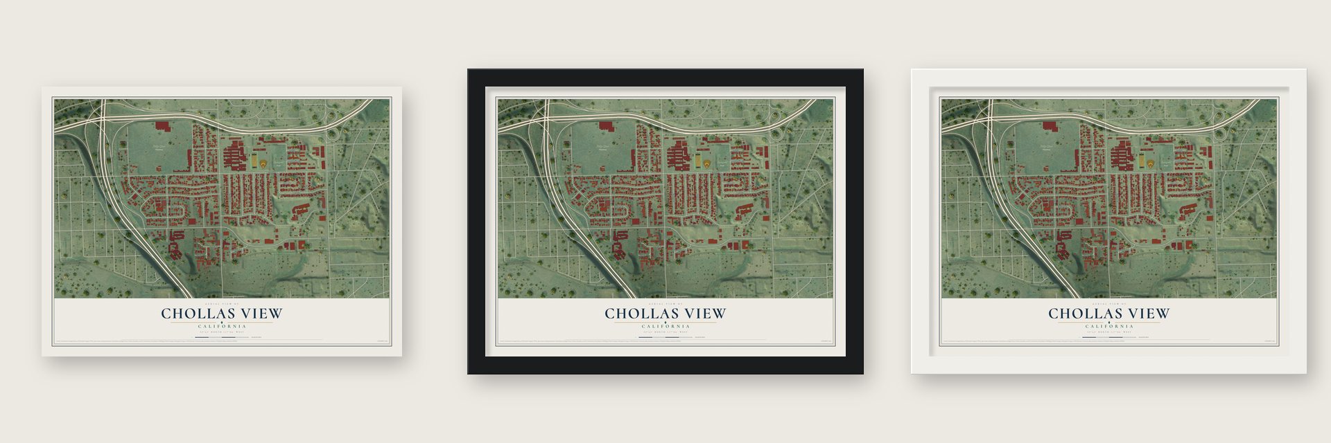Chollas View, California map unframed, in a black wood frame and in a white wood frame