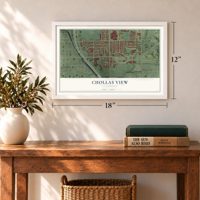 Chollas View, California map, 12 x 18 inch print in a white frame in an entryway