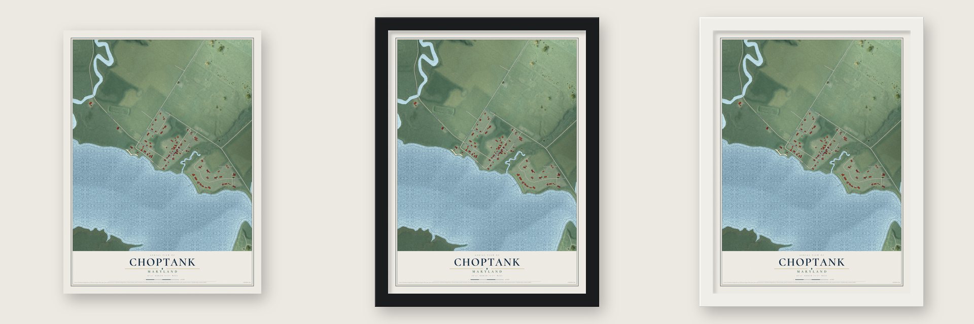 Choptank, Maryland map unframed, in a black wood frame and in a white wood frame
