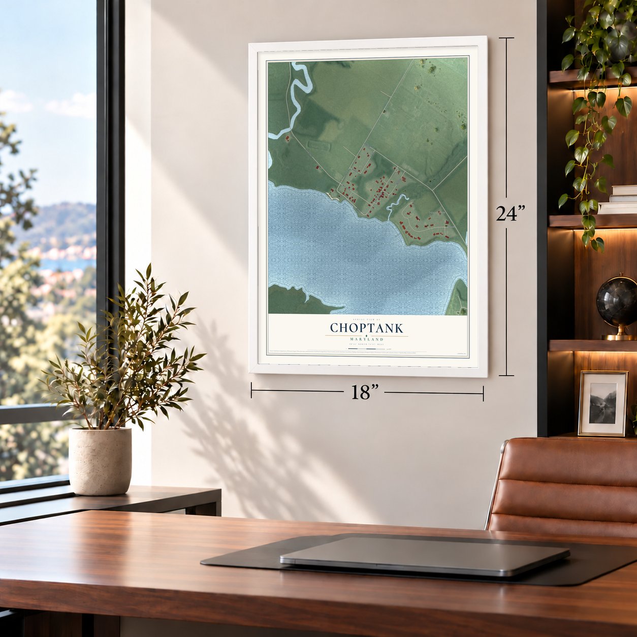 Choptank, Maryland map, 18 x 24 inch print in a white frame in a home office