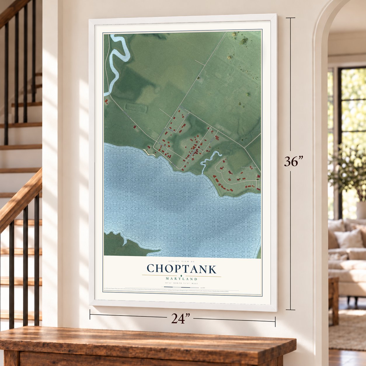 Choptank, Maryland map, 24 x 36 inch print in a white frame by a staircase