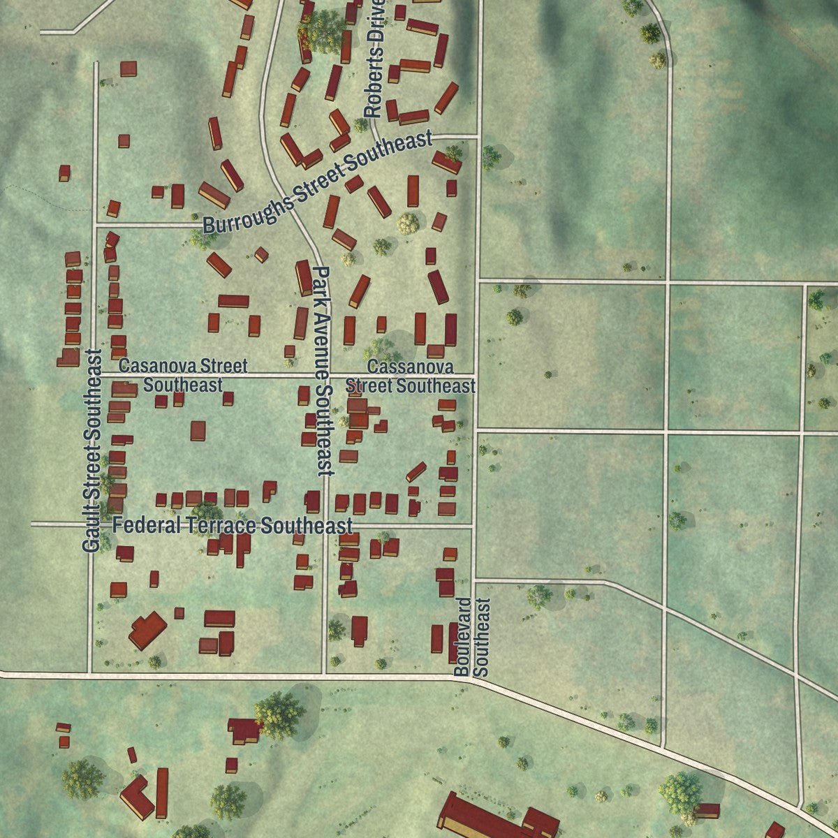 Second close-up of the map of Chosewood Park, Georgia print showing more streets and buildings
