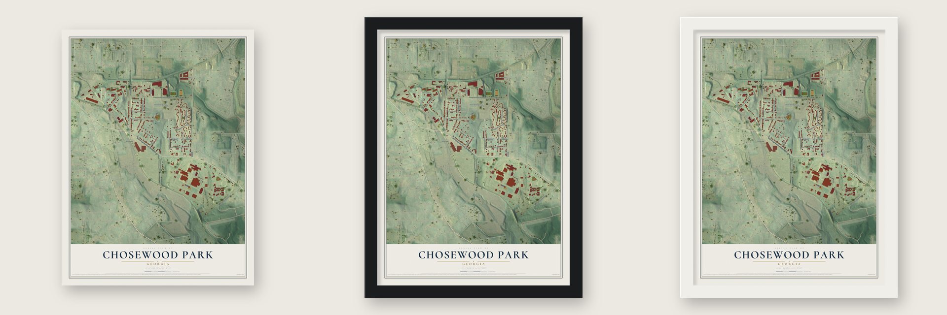 Chosewood Park, Georgia map unframed, in a black wood frame and in a white wood frame