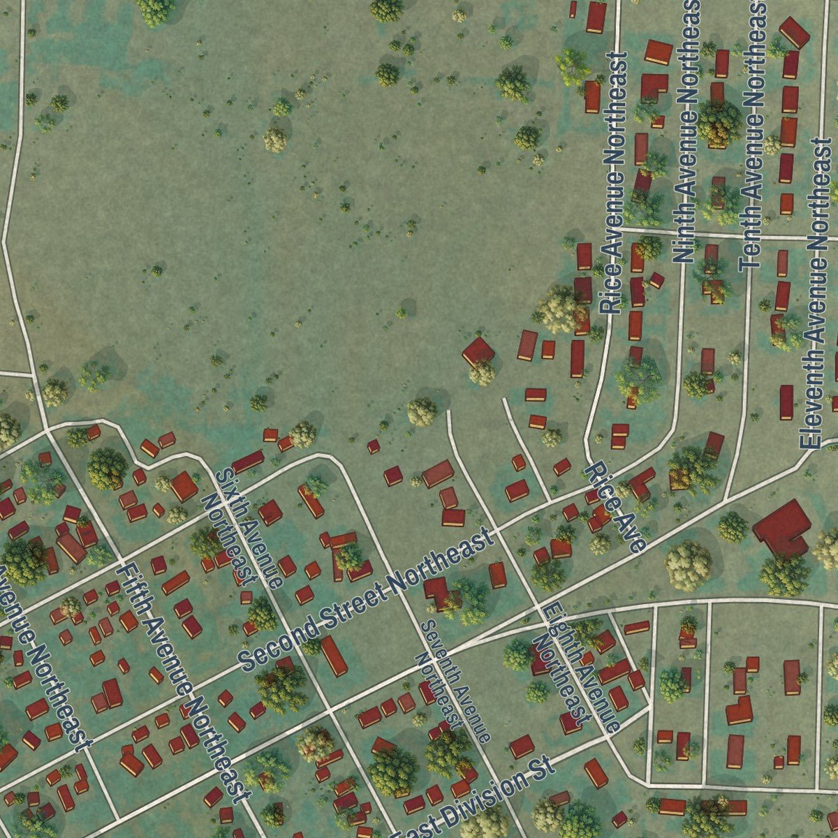 Second close-up of the map of Choteau, Montana print showing more streets and buildings
