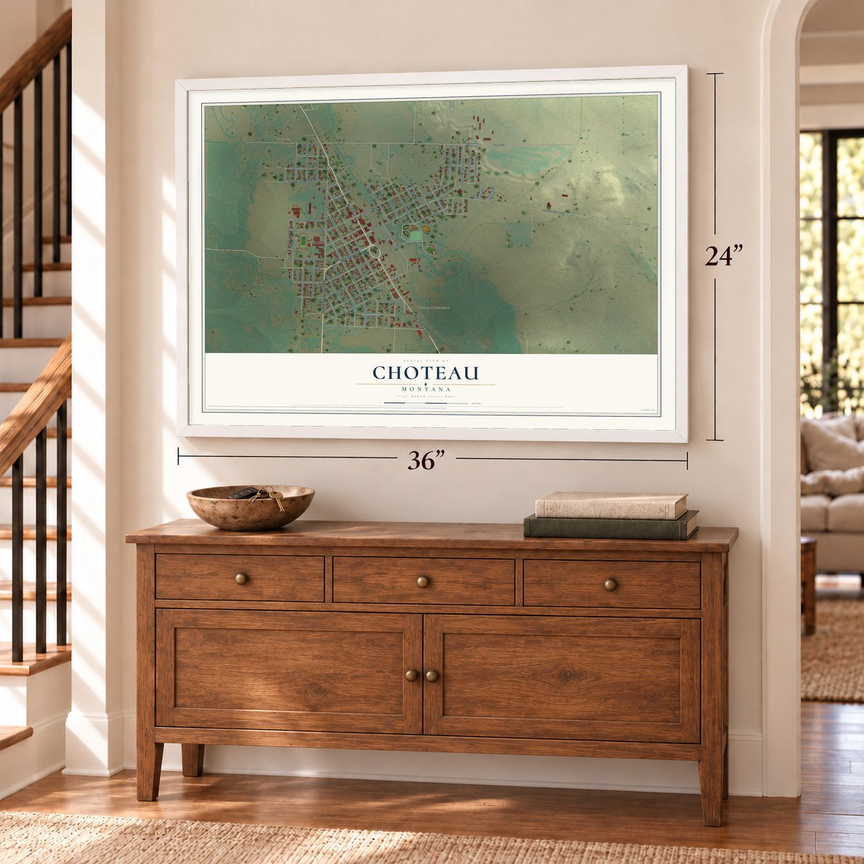 Choteau, Montana map, 24 x 36 inch print in a white frame above a dresser by a staircase