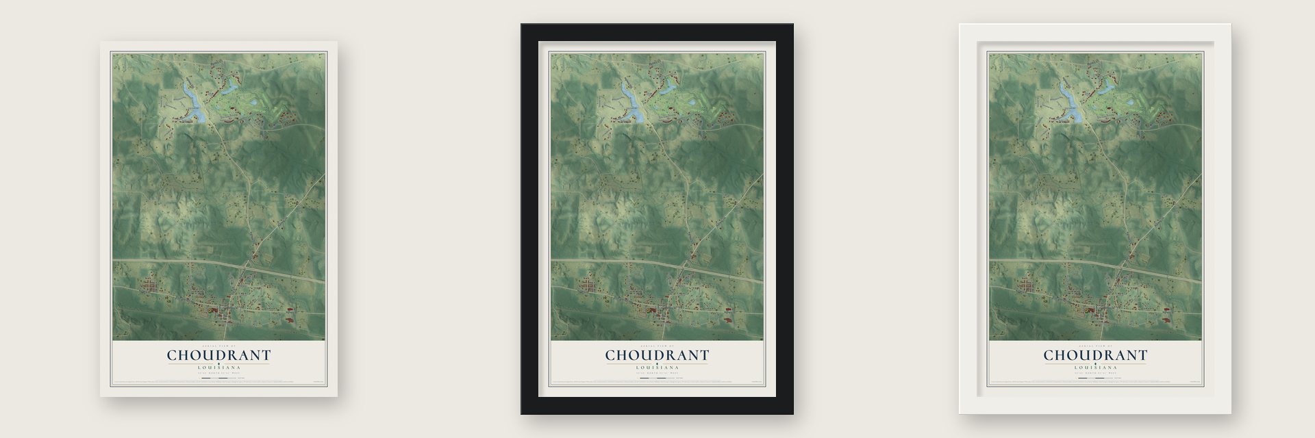 Choudrant, Louisiana map unframed, in a black wood frame and in a white wood frame