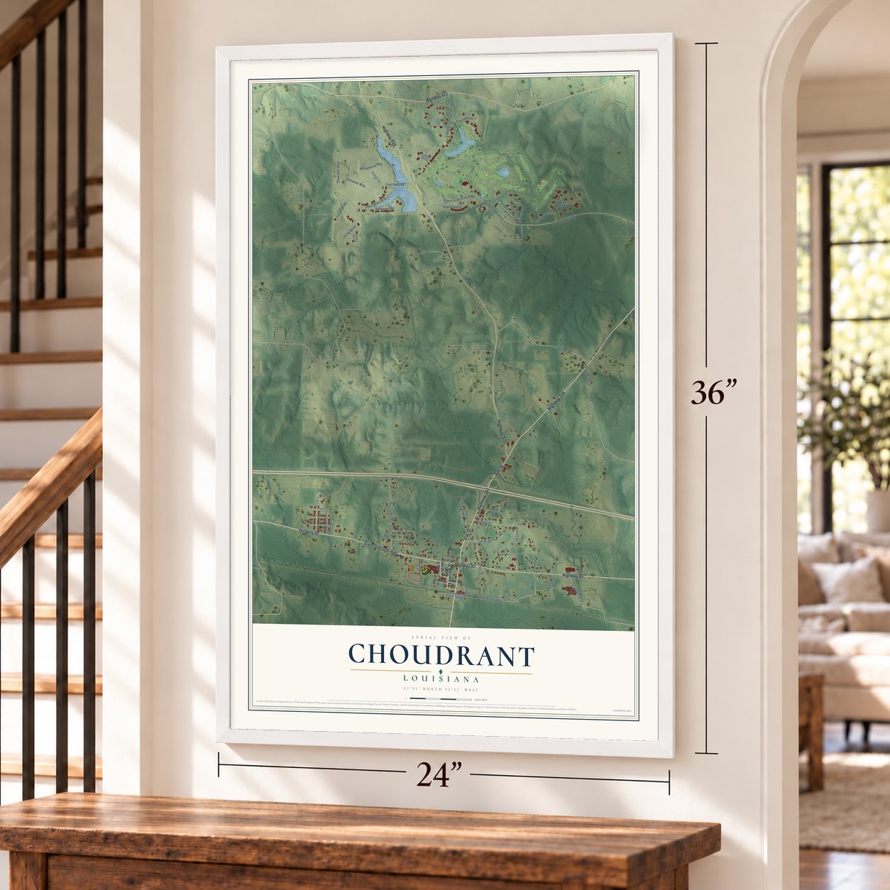 Choudrant, Louisiana map, 24 x 36 inch print in a white frame by a staircase