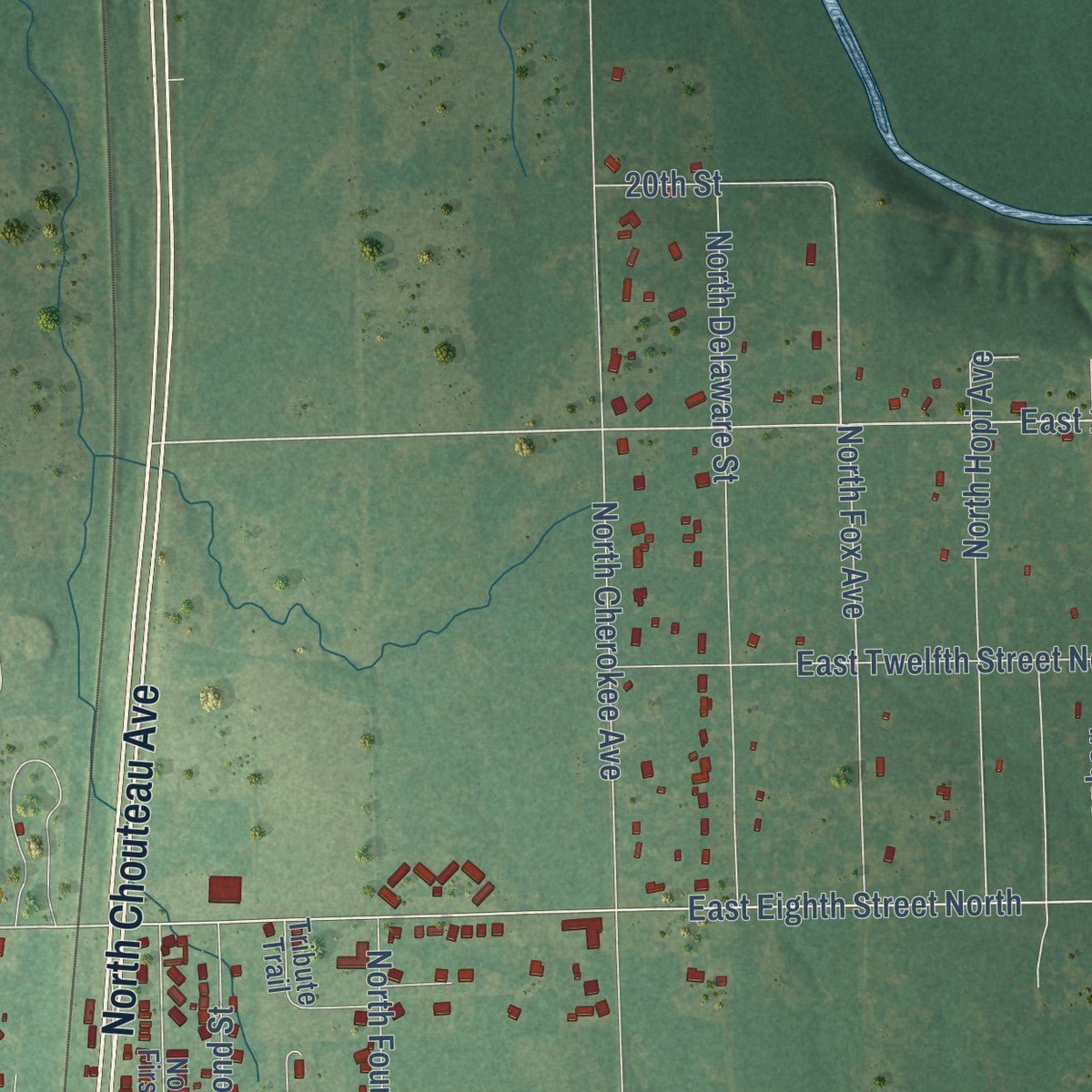 Second close-up of the map of Chouteau, Oklahoma print showing more streets and buildings