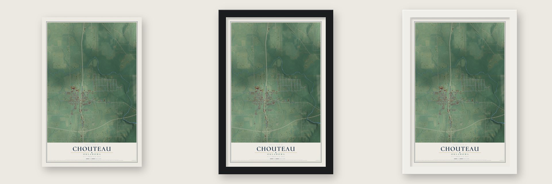 Chouteau, Oklahoma map unframed, in a black wood frame and in a white wood frame