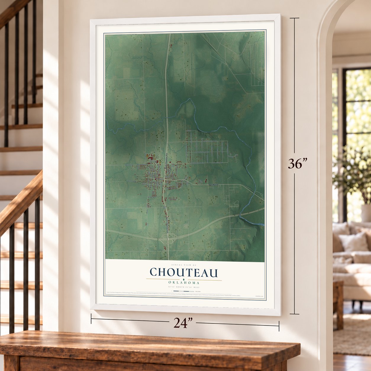 Chouteau, Oklahoma map, 24 x 36 inch print in a white frame by a staircase