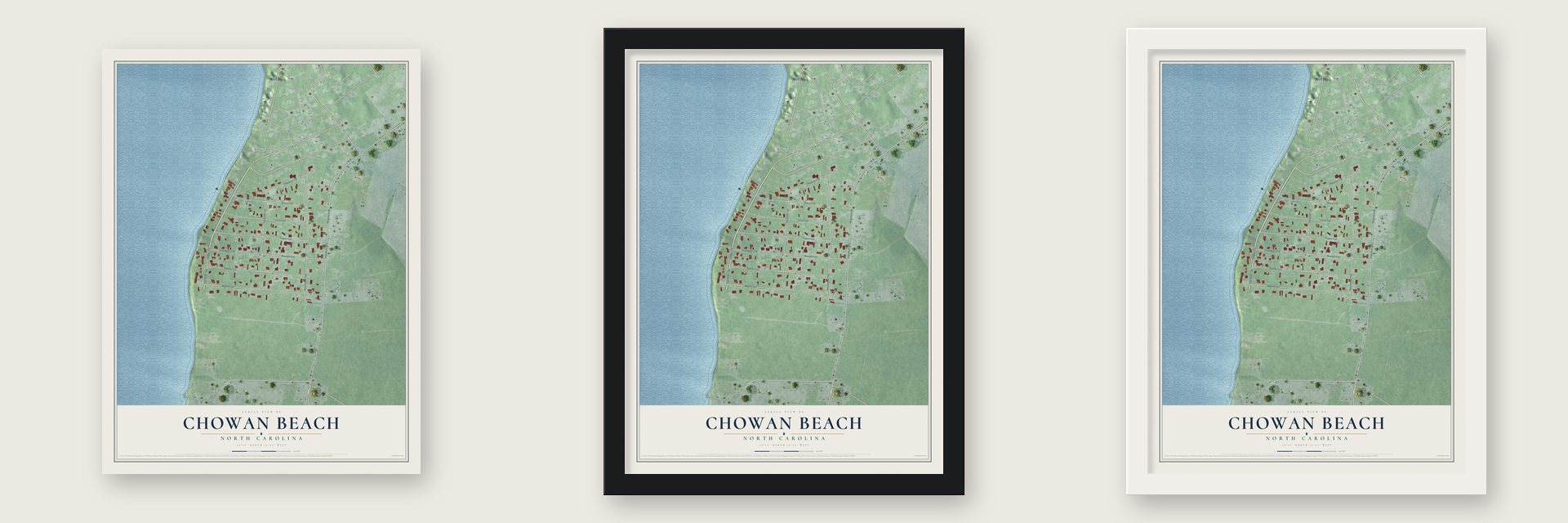 Chowan Beach, North Carolina map unframed, in a black wood frame and in a white wood frame